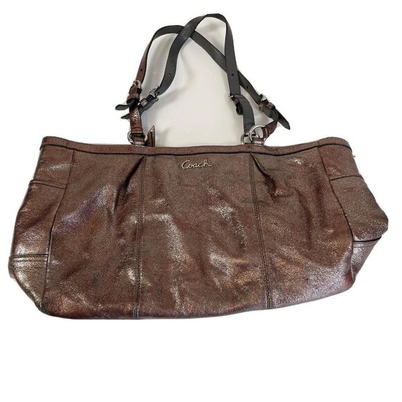 Coach Womens Metallic Pewter Leather Shoulder Tote Handbag Brown L Zip F17722 - Picture 1 of 10